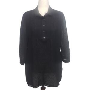 J McLaughlin Black Silk Cotton Textured Tunic Blouse Womens XL Sheer 3/4 Sleeves